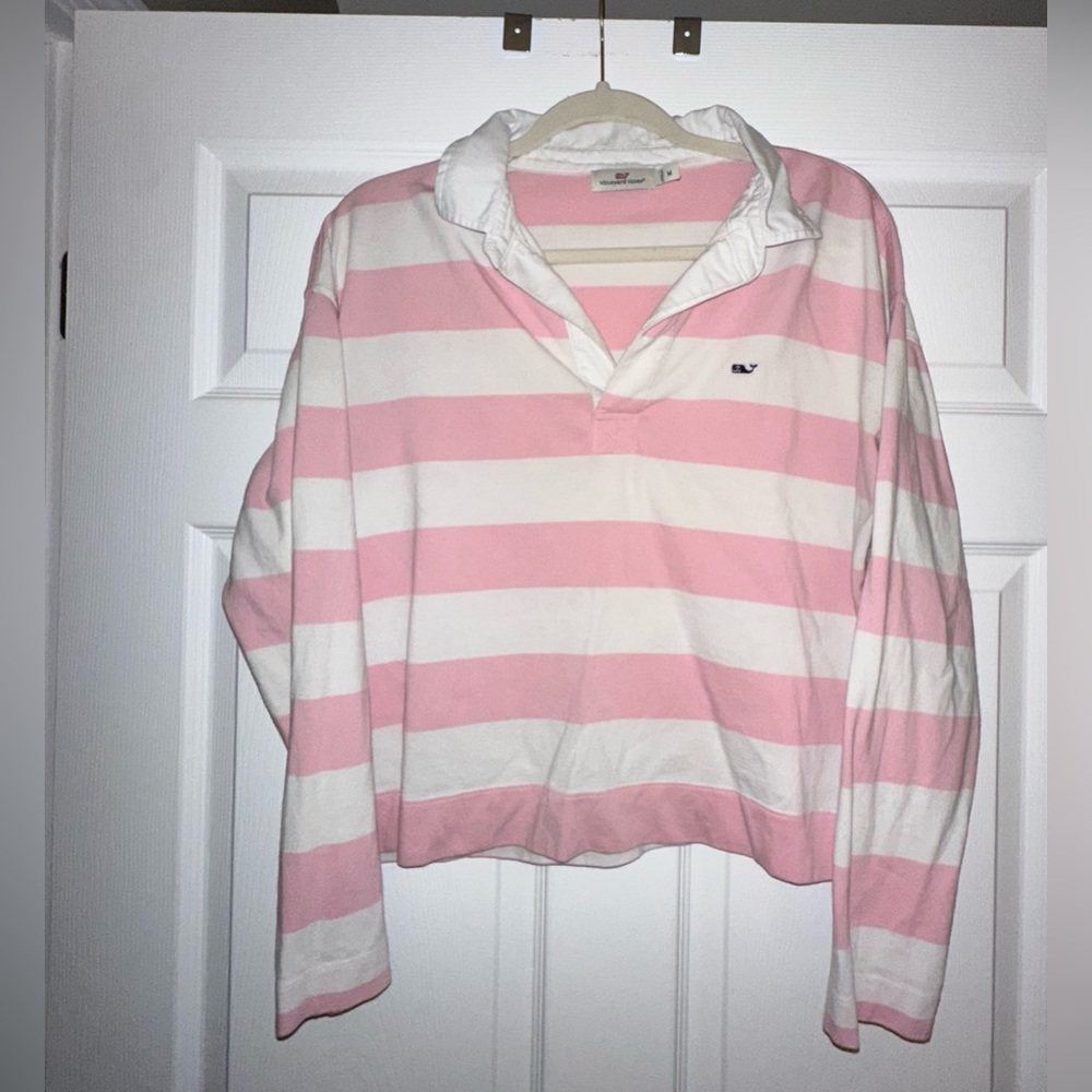 Vineyard Vines pink and white, long sleeve, crop polo